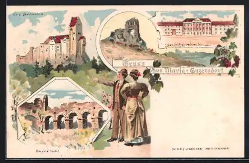 Lithographie Maria Enzersdorf, Blick auf Schloss Lichtenstein, Teufelshöhe & Amphietheater