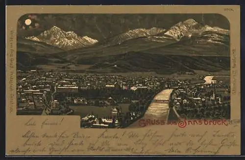 Mondschein-Lithographie Innsbruck, Stadtansicht mit Bergpanorama