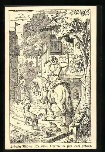 Künstler-AK Ludwig Richter: Es ritten drei Reiter zum Tore hinaus