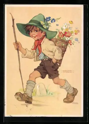Künstler-AK Lungers Hausen: Der Wanderbursche mit Blumenkorb