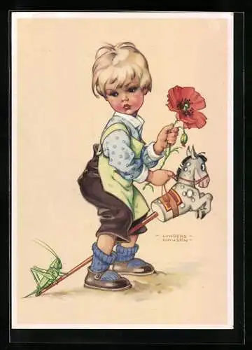 Künstler-AK Lungers Hausen: Blonder Junge mit Steckenpferd und Blumen