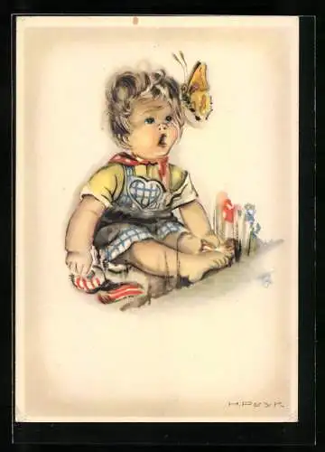 Künstler-AK Hilla Peyk: Kleinkind und Schmetterling