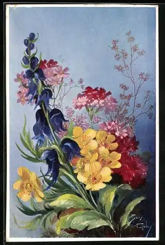 Künstler-AK Mary Golay: Bunter Blumenstrauss vor blauem Hintergrund
