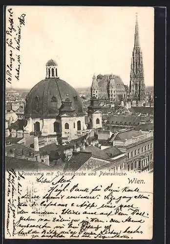 AK Wien, Panorama mit Stefanskirche und Peterskirche