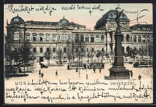 AK Wien, Blick auf die Universität, Strassenbahn, Denkmal