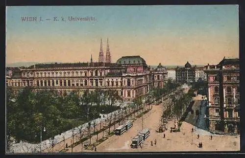 AK Wien, Blick auf die K. k. Universität, Strassenbahn