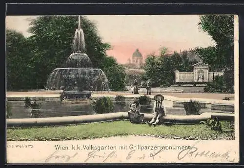 AK Wien, K. k. Volksgarten mit Grillparzermonument
