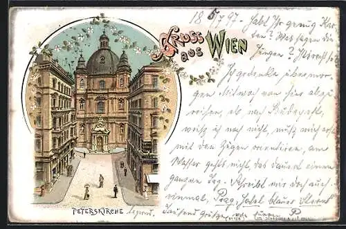 Lithographie Wien, Peterskirche mit Strassenpartie