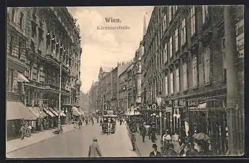 AK Wien, Kärntnerstrasse mit Geschäften, Pferdebahn