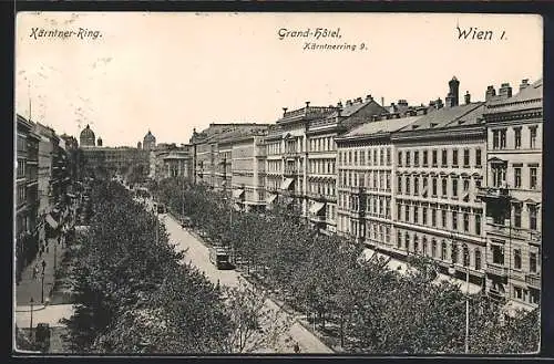 AK Wien, Grand-Hotel im Kärntner-Ring 9 mit Strassenbahn