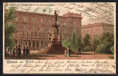 Lithographie Wien, Akademie der bildenden Künste und Schiller-Monument