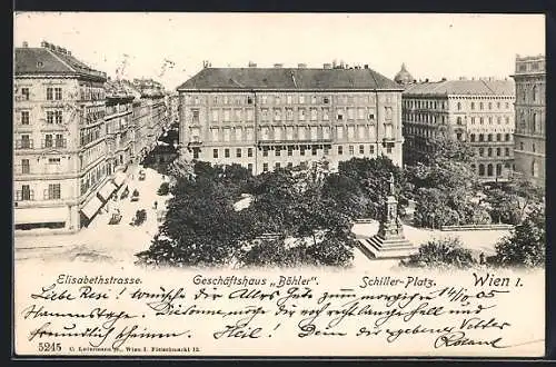AK Wien, Geschäftshaus Böhler am Schiller-Platz mit Elisabethstrasse