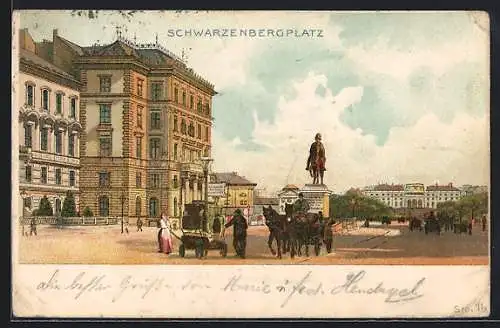 Lithographie Wien, Kutschen auf dem Schwarzenbergplatz, Denkmal