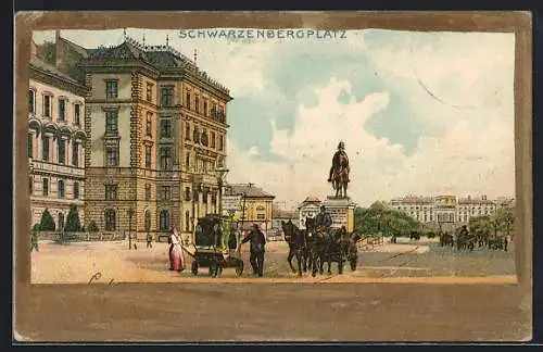 Lithographie Wien, Kutschen auf dem Schwarzenbergplatz, Denkmal