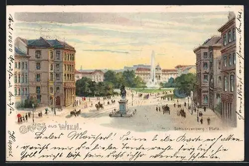 Lithographie Wien, Schwarzenberg-Platz mir Denkmal