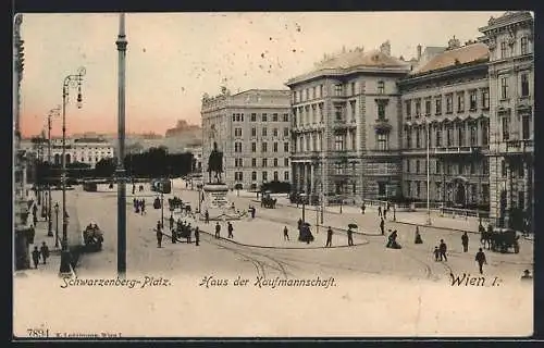 AK Wien, Haus der Kaufmannschaft am Schwarzenberg-Platz mit Denkmal