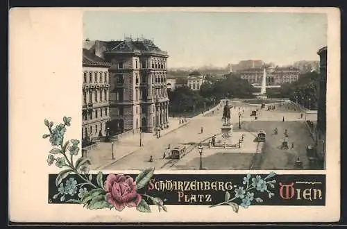 AK Wien, Schwarzenberg-Platz mit Denkmal und Strassenbahn