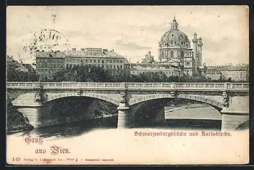 AK Wien, Schwarzenbergbrücke und Karlskirchen-Panorama