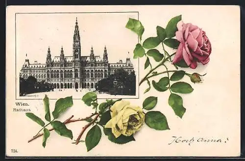 AK Wien, Rathaus, Rosafarbene und gelbe Rose