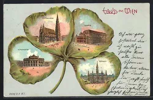 Passepartout-Lithographie Wien, Burgtheater, Rathaus, Hofoper, Kleeblatt