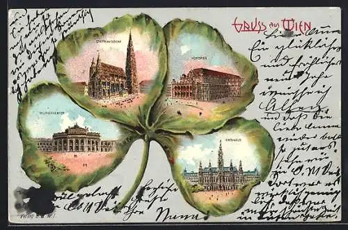 Passepartout-Lithographie Wien, Burgtheater, Rathaus, Hofoper, Kleeblatt