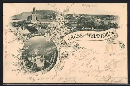 AK Weinzierl a. W., Heilanstalt Burg Hartenstein, Weissenkirchen a. d. Donau mit Kirche