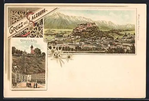Lithographie Salzburg, Electrischer Aufzug, Ortsansicht mit Burg