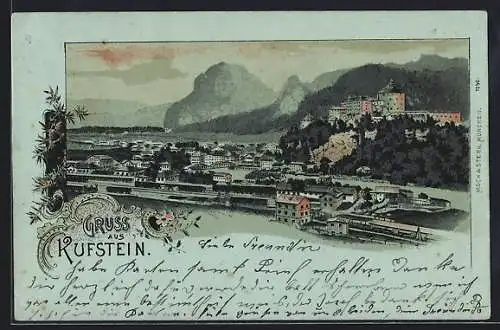 Mondschein-Lithographie Kufstein, Ortsansicht mit Festung