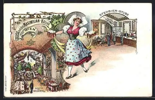 Lithographie Wien, Gasthaus Maximilian-Keller, Inneres Stehbier-Stube, Grotte mit Wasserfall, Maximilianstrasse 2
