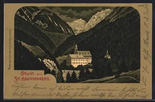 Mondschein-Lithographie Stans /Tirol, Stift St. Georgenberg
