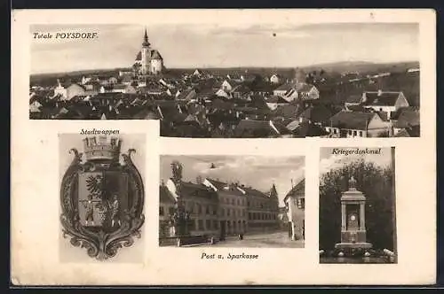 AK Poysdorf, Post und Sparkasse, Kriegerdenkmal, Stadtwappen