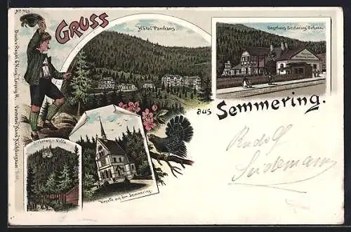 Lithographie Semmering, Hotel Panhans, Gasthaus Erzherzog Johann, Silberreiss Villa und Kapelle
