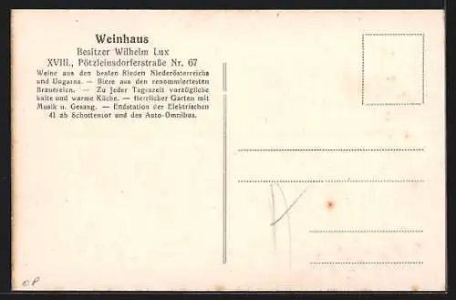 AK Wien, Weinhaus, Terrassenansicht, Pötzleinsdorferstrasse 67, Bes. Wilhelm Lux