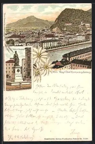 Lithographie Salzburg, Ortsansicht mit Mozart Denkmal