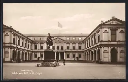 AK Den Haag, Paleis van H. M. de Koningin, Kgl. Schloss mit Reiterstandbild Wilhelms des Schweigsamen