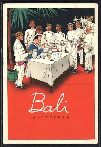 Künstler-AK Amsterdam, Indisch-Restaurant Bali, Leidestraat 89-97