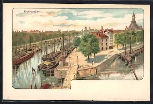 Künstler-Lithographie Richard Hegedüs-Geiger: Rotterdam, Teilansicht mit Kanal und Kirche