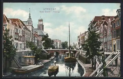 AK Utrecht, Oude Gracht, Viebrug, Lastkahn
