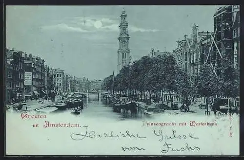 Mondschein-AK Amsterdam, Prinsengracht mit Westerkerk