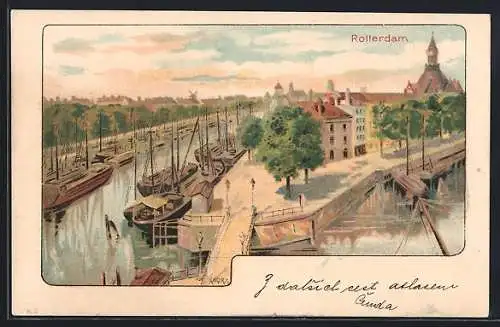 Künstler-Lithographie Richard Hegedüs-Geiger: Rotterdam, Teilansicht mit Kanal und Kirche