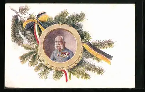 AK Kaiser Franz Josef I. von Österreich vor Tannenzweig