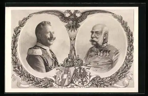 Künstler-AK Portraits von Kaiser Franz Josef I. von Österreich und Kaiser Wilhelm II. in Uniformen