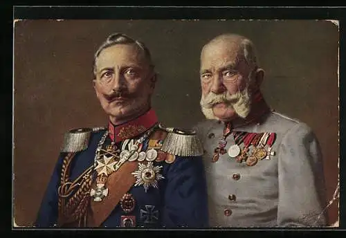 AK Kaiser Franz Josef I. von Österreich und Kaiser Wilhelm II. in Uniform mit Orden