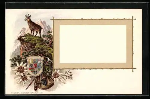 Präge-Lithographie Bergsteiger-Gepack, Gemse, Edelweiss, Wappen