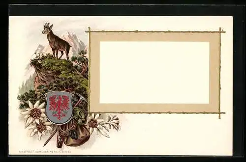 Präge-Lithographie Gemse im Hochgebirge, Bergsteigergepäck, Rotes Drachen-Wappen, Edelweiss