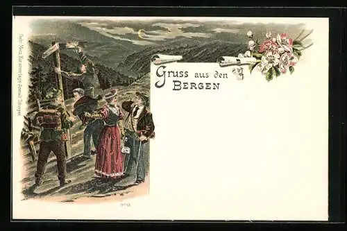 Lithographie Gruss aus den Bergen, Wanderer an Wegweiser