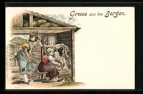 Lithographie Melkerin im Stall bekommt Besuch von einer Dame in Tracht mit Milchgglas