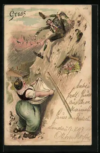 Lithographie Gruss aus den Bergen, Dicke Maid fängt vom Berg stürzenden Touristen auf
