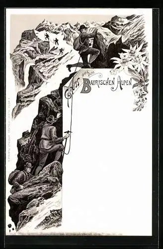 Lithographie Bergsteiger in den Bayrischen Alpen