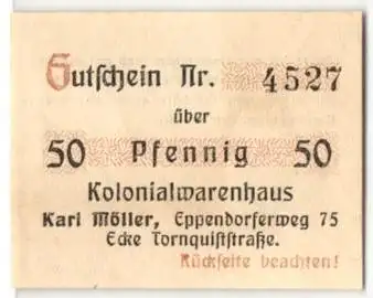 Notgeld Hamburg 1919, 50 Pfennig, Kolonialwarenhaus Karl Müller, Eppendorferweg 75 Ecke Tornquiststrasse
